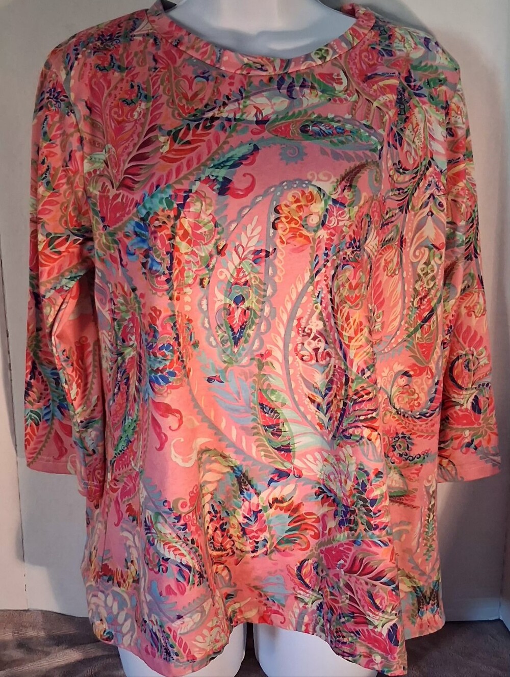 Women's Soft & Comfy Pink Colorful Paisley Print Top 3/4 Sleeves Size L